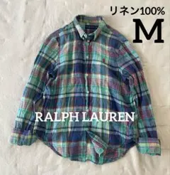 ラルフローレン　BD 長袖　リネンシャツ　 ポニー刺繍　M マドラスチェック