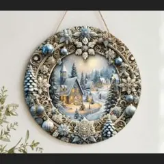 【秀麗品】クリスマスリース 壁掛け 玄関飾り 冬景色 スノービレッジ　20ｃｍ