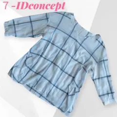 7-IDconcept 白Vネック水色チェック柄 薄手五分袖シャツ春夏38サイズ