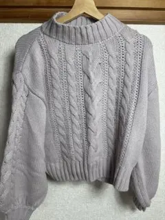 薄紫 ケーブル編み ハイネックセーター