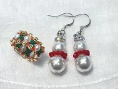 ハンドメイド ピアス リング セット 雪だるま クリスマス スワロフスキー