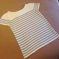 AG パール付き 背中リボン 半袖 ニット tシャツ 薄手 ボーダー イエナ 白