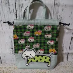 59 コットンこばやし デカねこアップリケ 持ち手付き巾着袋