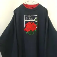 USA製 クリスマス風 レトロ 刺繍 ビッグサイズ スウェット 紺 2XL 古着