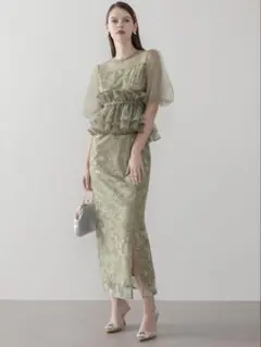 3WAYチュールラッフルフラワースパンコールIラインワンピースドレス