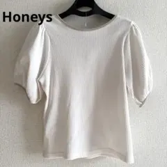 リブ編みホワイトTシャツ パフスリーブ