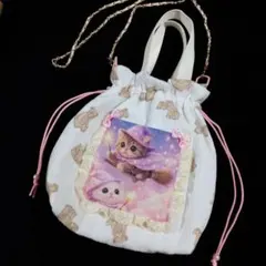 ２way巾着ショルダーバッグ　ネコパネル　くま　ユキエモン　ハンドメイドのサムネイル