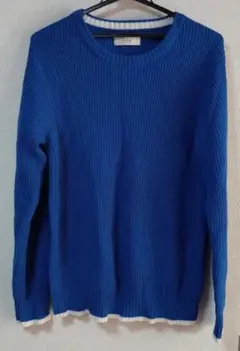 イッカ青 リブ編み クルーネック ニット　XL