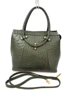 オーストリッチ型押しレザー　2WAYS ハンドバッグ　ショルダーバッグ　グリーン
