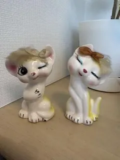 希少】昭和レトロ 陶器 猫 置物 ペア ウィンク ファー付き