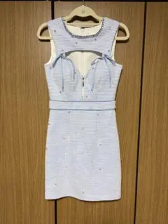 [an]ツイードビジューフロントジップリボンノースリーブタイトミニドレス