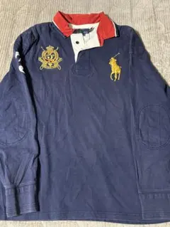 ネイビー 赤 襟 刺繍ロゴ 長袖ポロシャツ