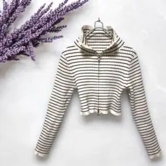 SNIDEL✨️ボーダー柄　ハーフジップ　ショート丈　リブニット　前開き