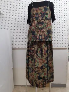 大島紬着物リメイク　キャミソール&ロングギャザースカート　紅葉模様　フリー