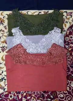オリーブグリーン、グレー、オレンジ レースキャミソール Mサイズ