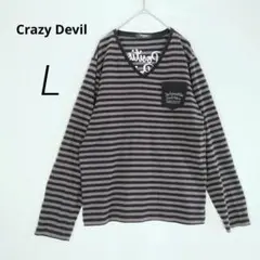 c8025【CrazyDevil】長袖カットソーL黒茶ボーダーVネック胸ポケット