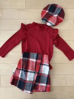 SHEIN 赤 チェック 長袖カットソー スカートセット 5Y