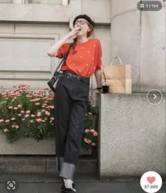 BONLECILL 　カラーステッチロールアップハイウエストデニムパンツ　L