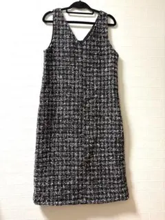 黒と白とピンクのツイード Vネック ノースリーブ ワンピース