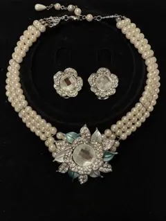 【セール】３連パールネックレス&イヤリング　結婚式　発表会　イベント　ブルー