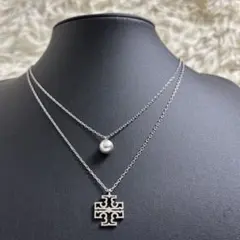 美品✨TORY BURCH ネックレス 2連 パール シルバー ロゴ