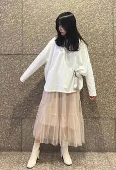 新品 オールシーズン 着回し ロングチュールティアードスカート 肌色 Lサイズ
