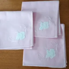ピンク 花柄刺繍 ハンカチ 3枚セット