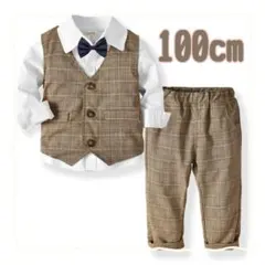 100cmチェックキッズスーツ長袖ブラウン　フォーマルセットアップ結婚式卒業入学