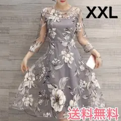 ワンピース 花柄 グレー　XXL　ドレス　結婚式　二次会　フォーマル お呼ばれ