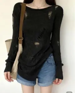 ダメージ加工 ブラック 長袖ニット