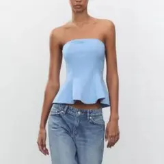 zara オフショルダーペプラムトップス ブルー 水色 xs