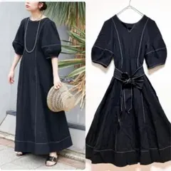 natural couture お家で洗える　ランタンスリーブワンピース　黒