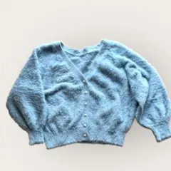 ロペピクニック　カーディガン　シャギー風　ふわふわ　柔らか　ブルー　パールボタン