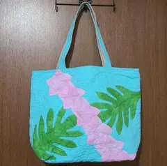 ハワイアンキルト♥️トートバッグ プルメリア 水色✕ピンク No.9 [難あり]
