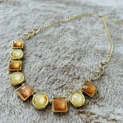 【美品】スクエア&サークルモチーフネックレス　ゴールドチェーン