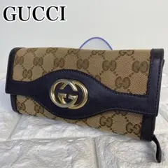 美品✨グッチ 長財布 アビー インターロッキング GG デニム×レザー 茶