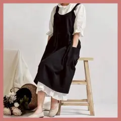 エプロン　黒色　ロング丈　シンプル　カフェエプロン　バッククロス　フリル　可愛い