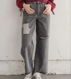 ダメージジーンズ　ワイドパンツ　デニム
