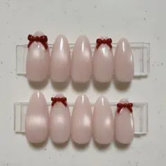 【現品】ネイルチップ 韓国風 マグネット リボン ピンク ボルドー シンプル