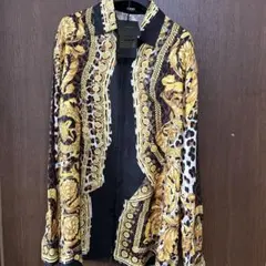 ヴェルサーチ 長袖シャツ シルク100% 総柄 グレカ柄 グレー系 50サイズ