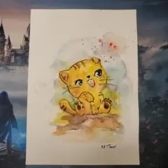 水彩画 猫のイラスト A4サイズ