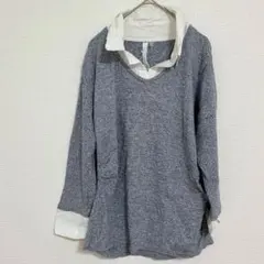 NY Collection 【L】グレー 長袖 ニットシャツ ブルー トップス