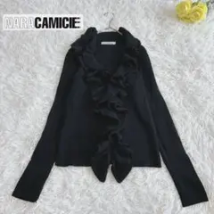 【ナラカミーチェ】華やかフリルリブニットカーディガン ブラック 黒 ウール Ⅰ