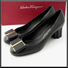 【新品】フェラガモ ハイヒール 子牛 カーフ　黒 6.5 リボン フラワーソール