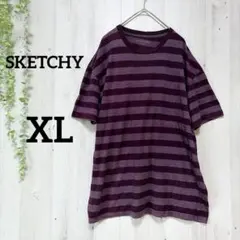 SKETCHY ボーダー Tシャツ 半袖 パープル XL ビッグシルエット