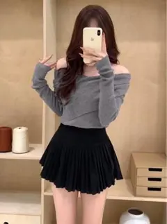 クロスデザインオフショルダーニットトップス[at2355]