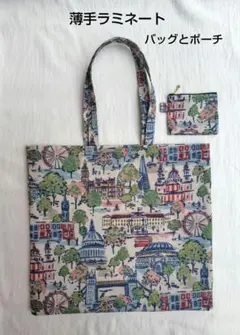 ハンドメイド 薄手ラミネート トートバッグ ミニポーチ 2点キャスキッドソン生地