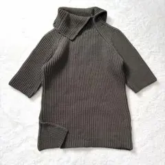 デプレ　畦編みタートルネックニット半袖　フリー　カーキ　日本製　綿混　上品　春夏のサムネイル