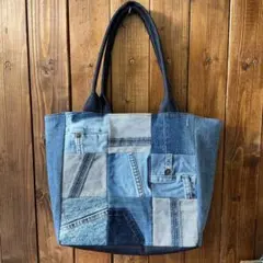 デニム　パッチワーク トートバッグ　ハンドメイド