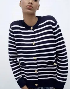 【美品】 ZARAザラ ゴールドボタンニットカーディガン ボーダー ネイビー S